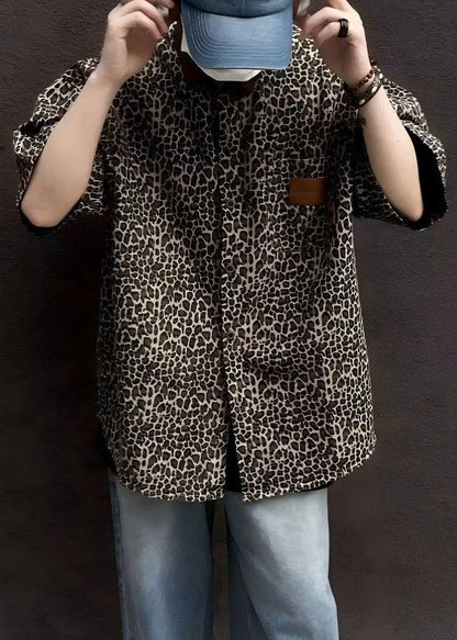 Unique Leopard Pockets Corduroy Patchwork Shirts Half Sleeve