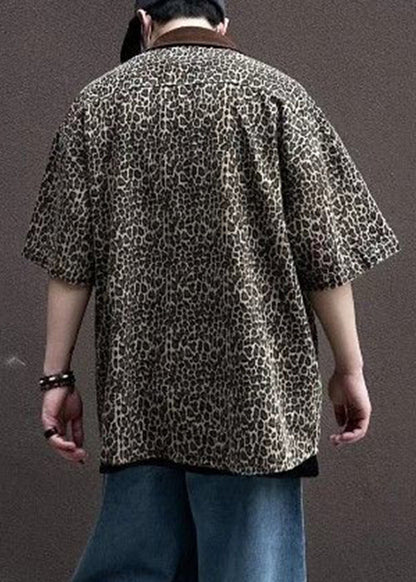 Unique Leopard Pockets Corduroy Patchwork Shirts Half Sleeve