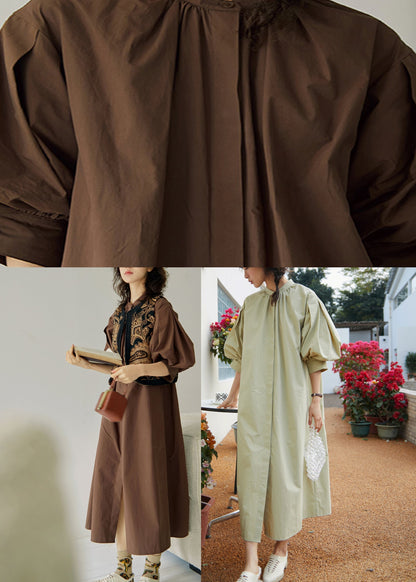 Unique Light Green Stand Collar Cotton Maxi Dress Fall