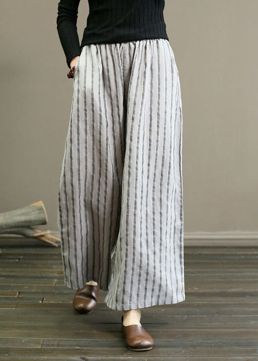 Unique Light Grey Elastic Waist Oversized Striped Linen Pants Trousers Summer