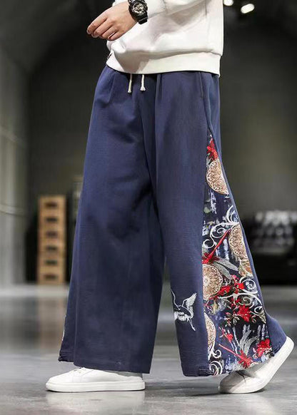 Unique Navy Embroideried Patchwork Cotton Wide Leg Pants Summer