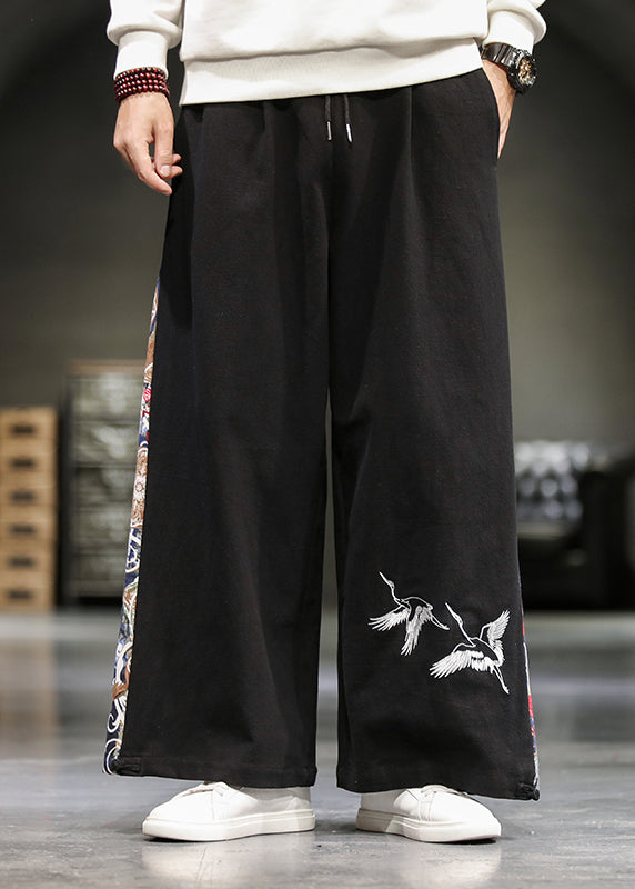 Unique Navy Embroideried Patchwork Cotton Wide Leg Pants Summer