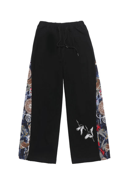 Unique Navy Embroideried Patchwork Cotton Wide Leg Pants Summer
