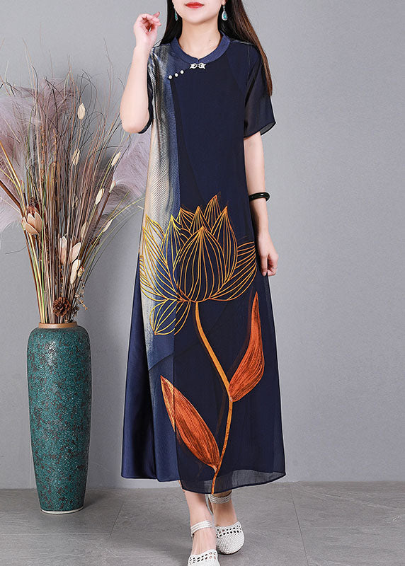 Unique Navy O-neck Print Tulle Patchwork Silk Party Dress Short Sleeve