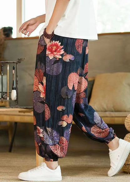 Unique Navy Pockets Lace Up Elastic Waist Cotton Pants Summer