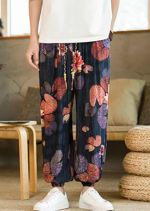 Unique Navy Pockets Lace Up Elastic Waist Cotton Pants Summer