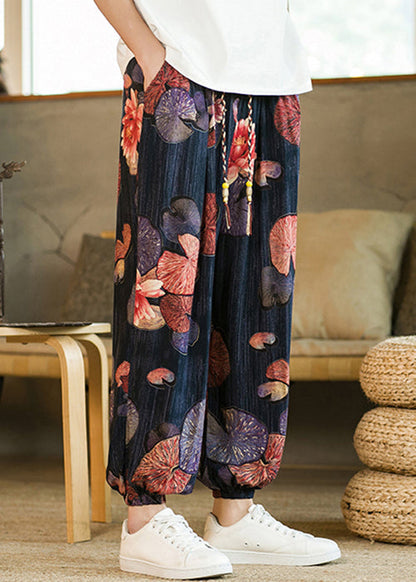 Unique Navy Pockets Lace Up Elastic Waist Cotton Pants Summer