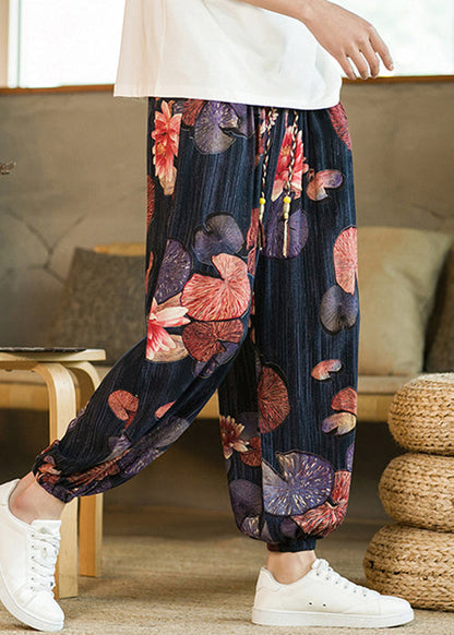 Unique Navy Pockets Lace Up Elastic Waist Cotton Pants Summer