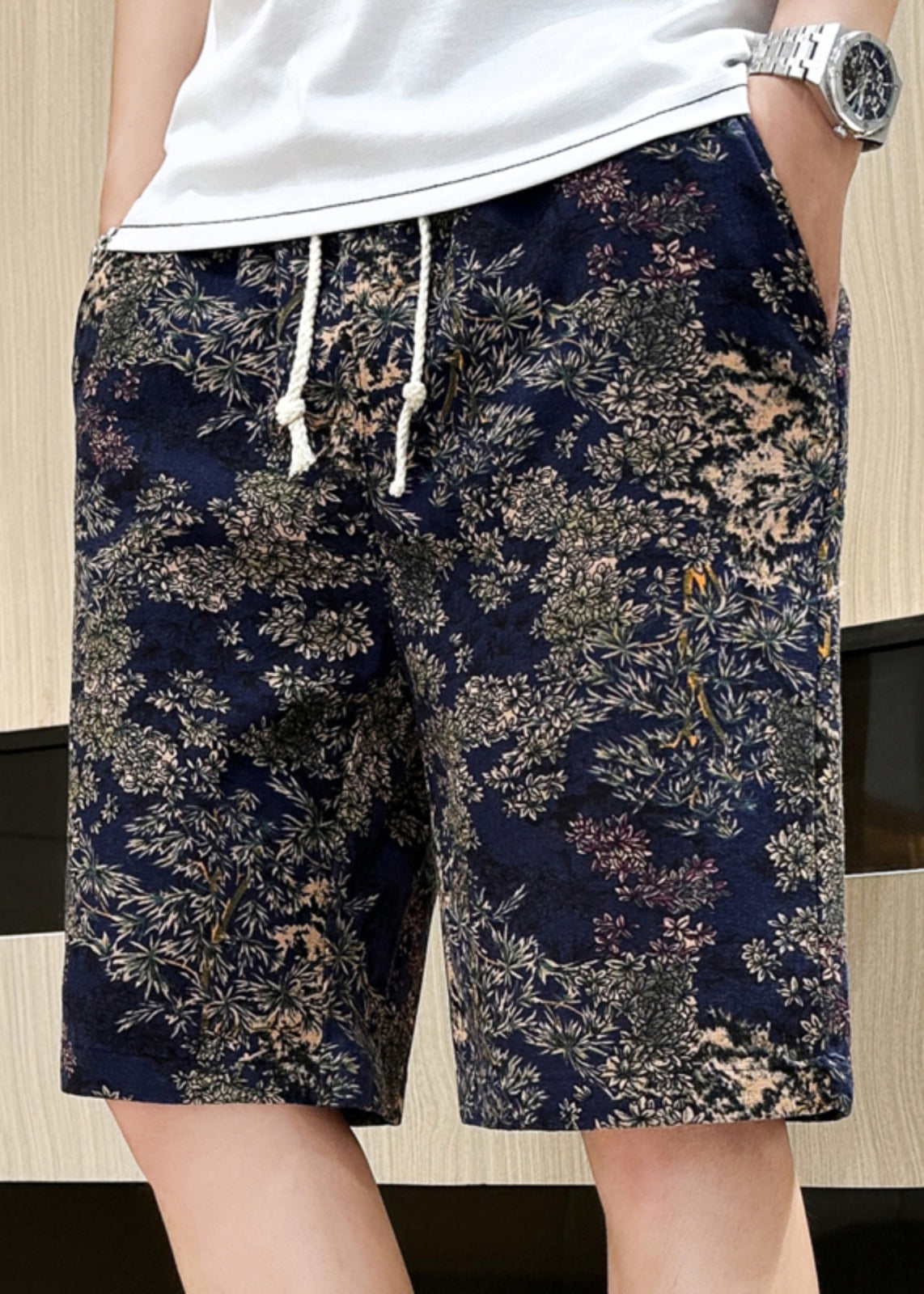 Unique Navy Print Elastic Waist Cotton Shorts Summer