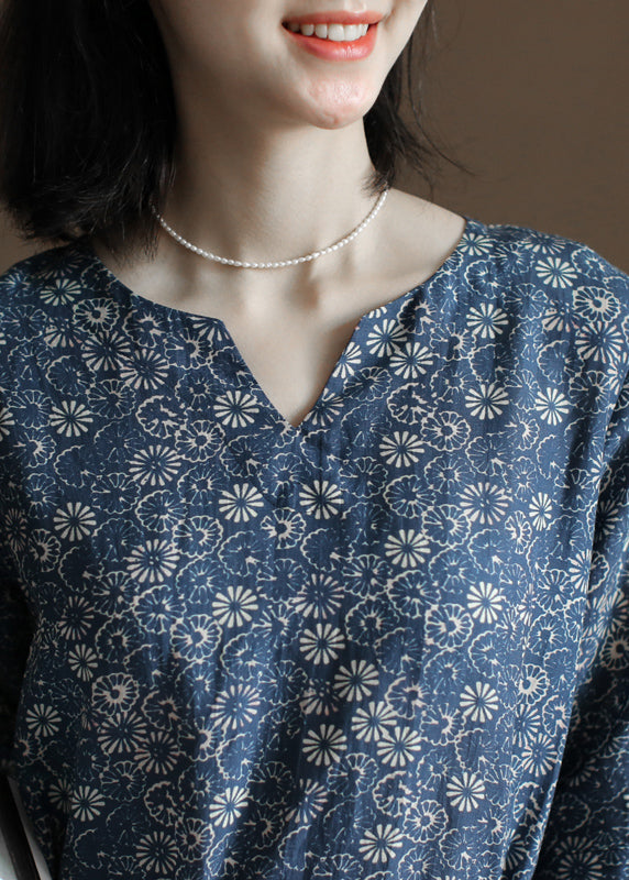 Unique Navy V Neck Print Tie Waist Linen Dresses Half Sleeve