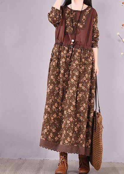 Unique O Neck Patchwork Spring Quilting Clothes Sewing Chocolate Print Loose Dress