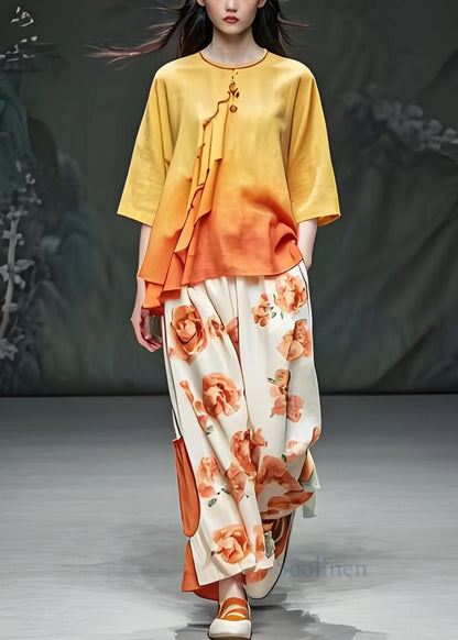 Unique O Neck Print Tops and Pants Cotton Two Pieces Set Summer