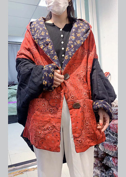 Unique Orange Loose Bat Wing Sleeve Patchwork Winter Cotton Coat