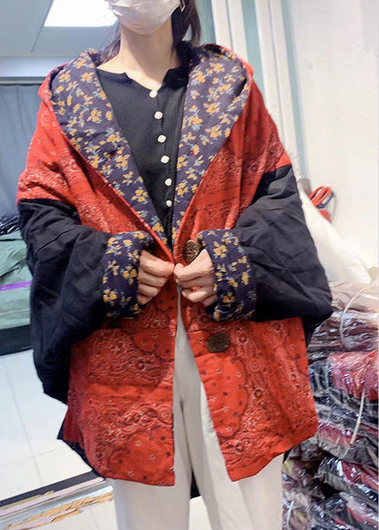 Unique Orange Loose Bat Wing Sleeve Patchwork Winter Cotton Coat