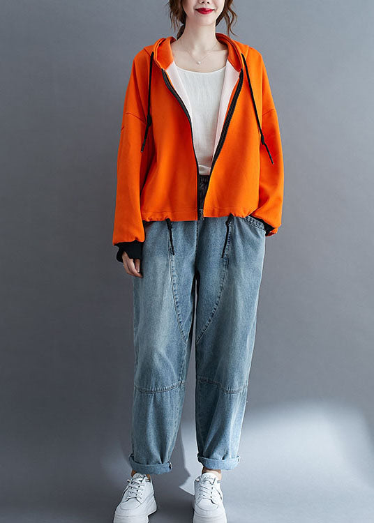 Unique Orange Hooded Zippered Drawstring Fall Jacket Long Sleeve