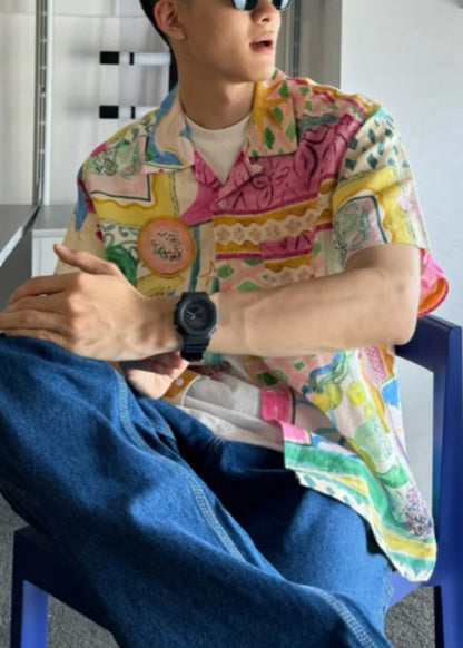 Unique Peter Pan Collar Button Print Cotton Shirts Summer