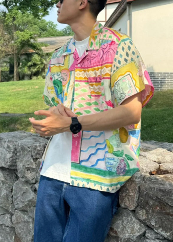Unique Peter Pan Collar Button Print Cotton Shirts Summer