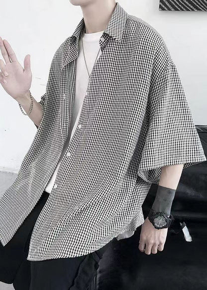 Unique Peter Pan Collar Plaid Button Cotton Shirts Summer