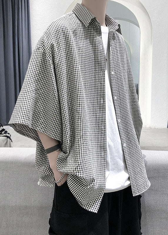 Unique Peter Pan Collar Plaid Button Cotton Shirts Summer