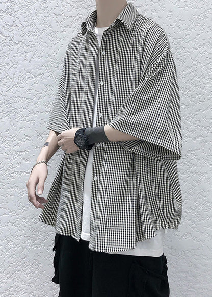 Unique Peter Pan Collar Plaid Button Cotton Shirts Summer