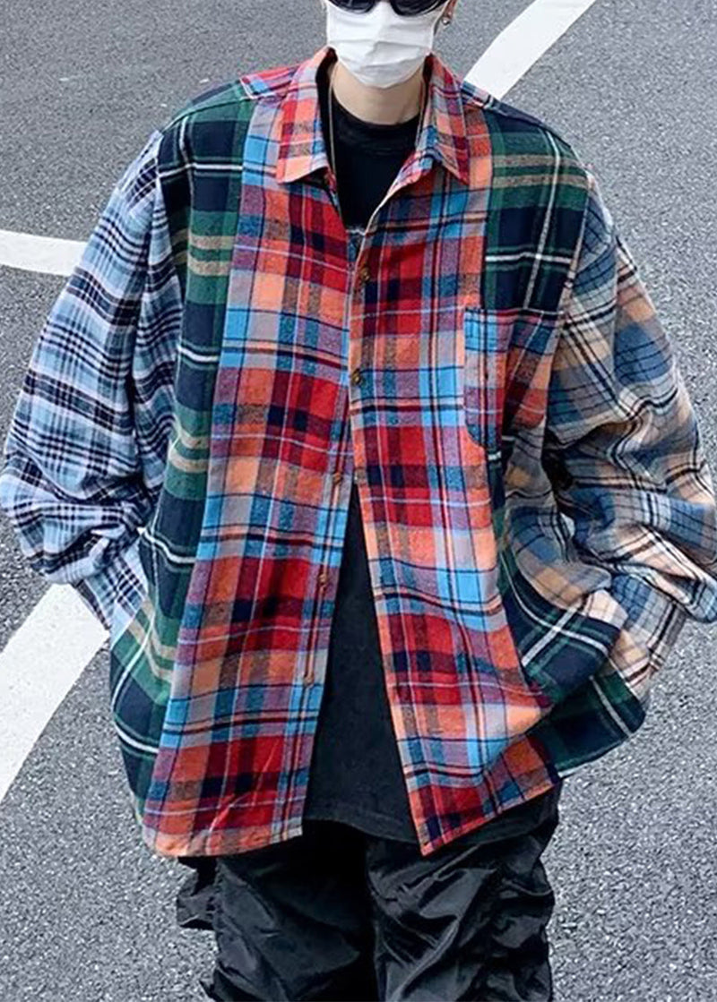 Unique Peter Pan Collar Plaid Patchwork Cotton Shirts Spring