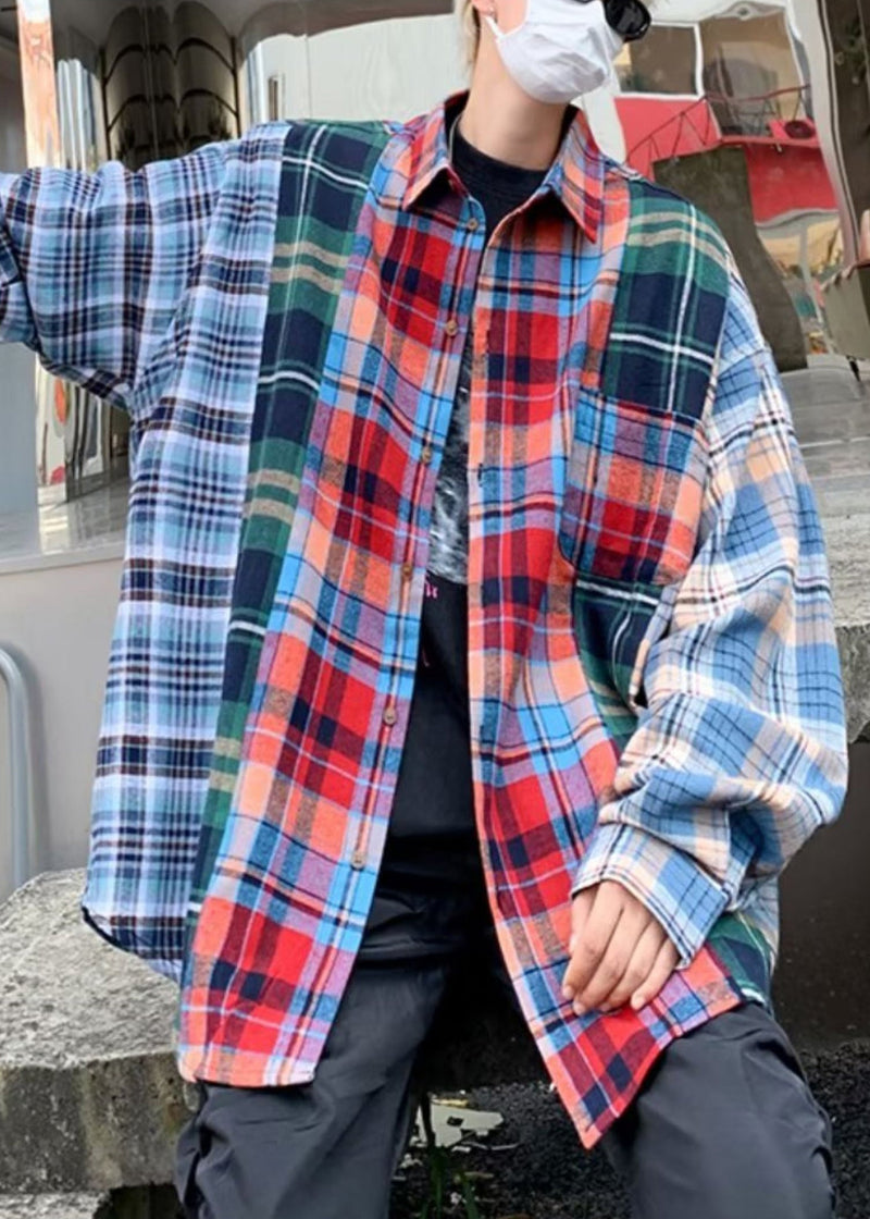 Unique Peter Pan Collar Plaid Patchwork Cotton Shirts Spring