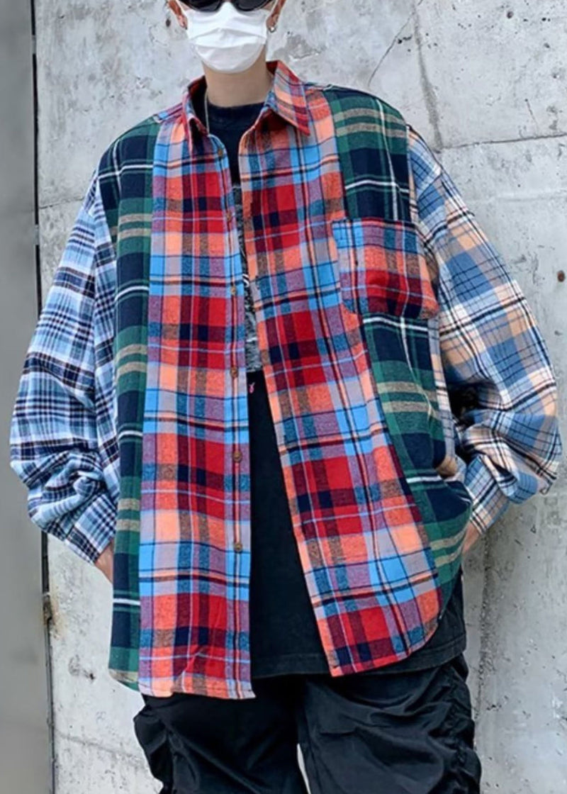 Unique Peter Pan Collar Plaid Patchwork Cotton Shirts Spring
