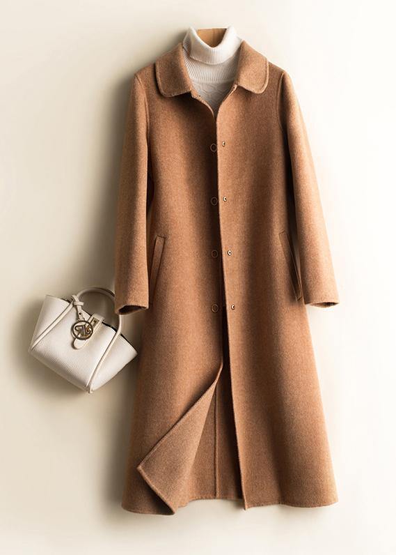 Unique Peter Pan Collar Pockets Fine Trench Coat Brown Daily Woolen Coats