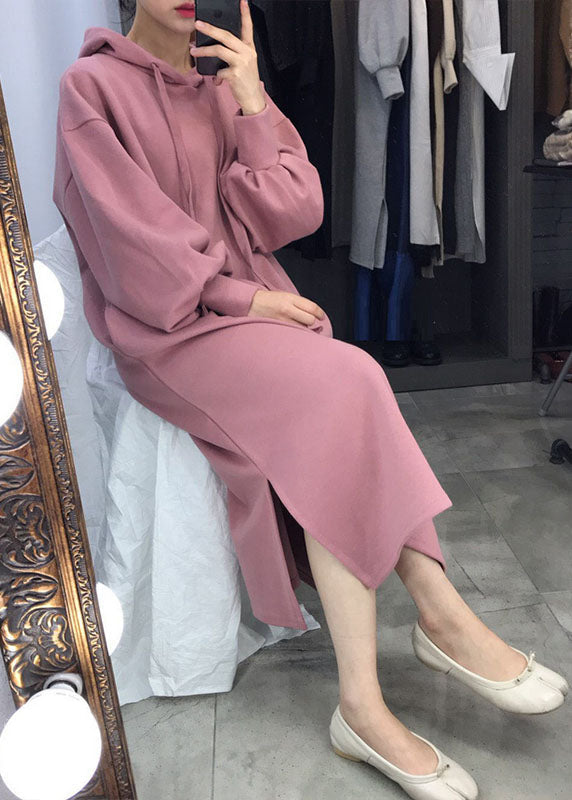 Unique Pink Hooded Side Open Warm Fleece Sweatshirts Dress Winter