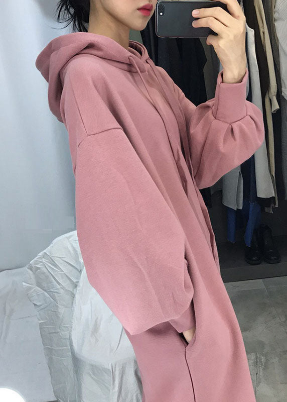 Unique Pink Hooded Side Open Warm Fleece Sweatshirts Dress Winter
