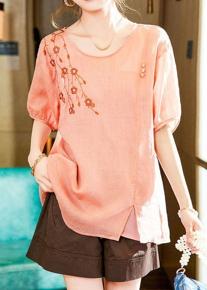 Unique Pink O-neck Embroideried Patchwork Linen Blouses Summer