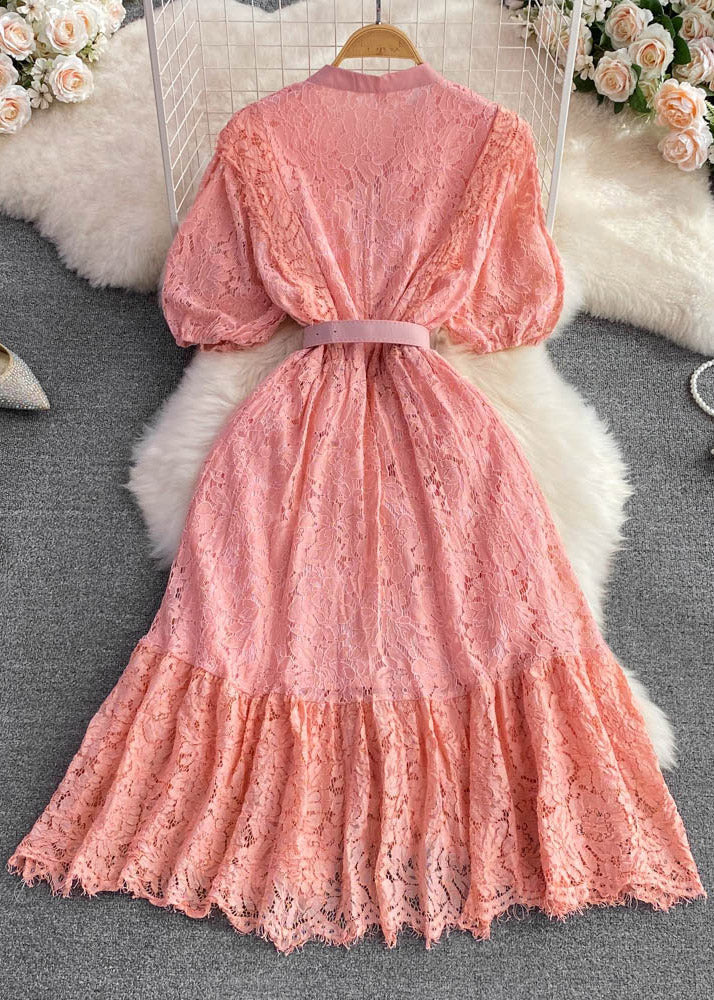 Unique Pink O-neck Sashes Button a Line Maxi Dress Short Sleeve