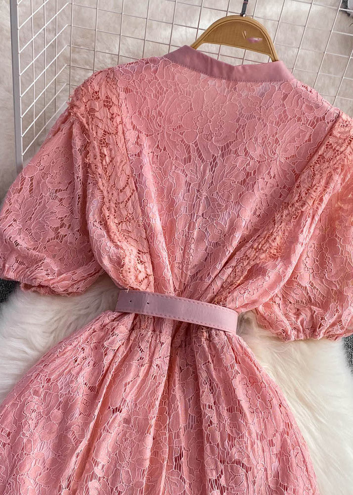 Unique Pink O-neck Sashes Button a Line Maxi Dress Short Sleeve