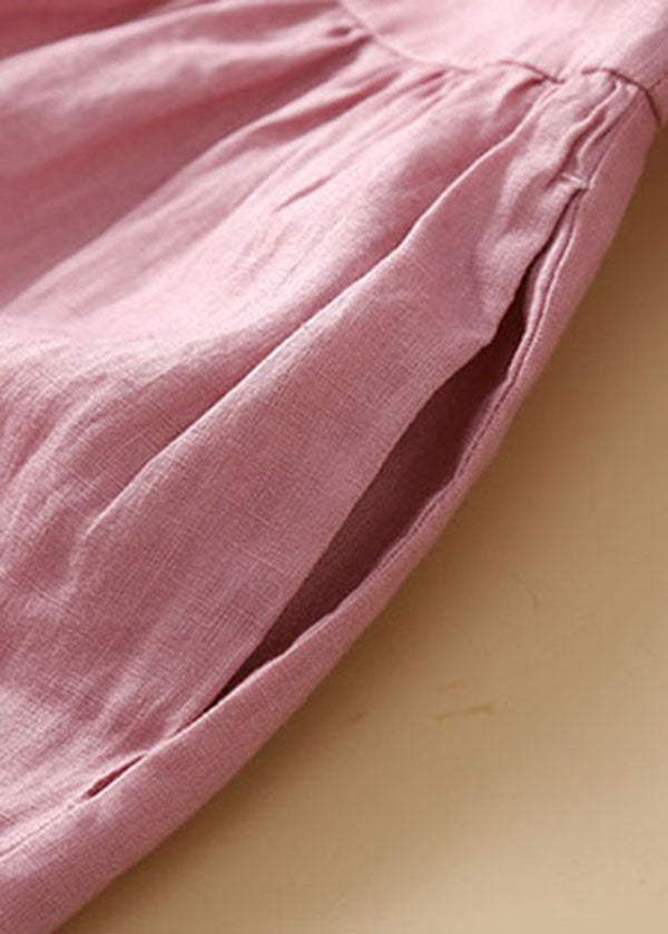 Unique Apricot Flowers Peter Pan Collar Wrinkled Linen Holiday Dress Short Sleeve