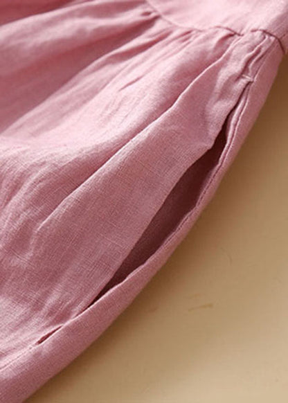 Unique Apricot Flowers Peter Pan Collar Wrinkled Linen Holiday Dress Short Sleeve