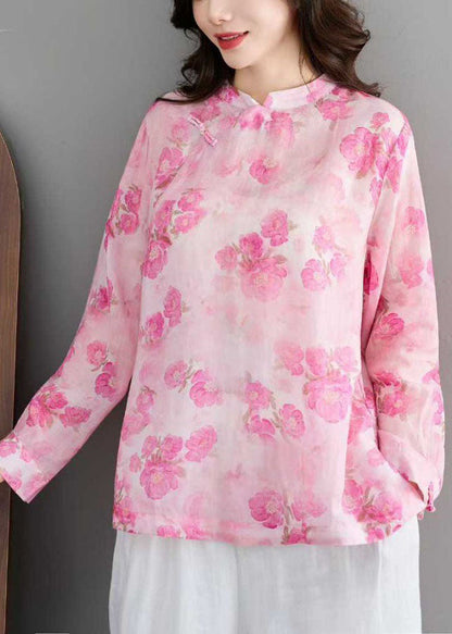 Unique Pink Stand Collar Print Linen Shirt Tops Spring