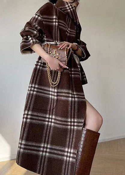Unique Plaid Tie Waist Patchwork Wear on Both Sides Woolen Coats Fall