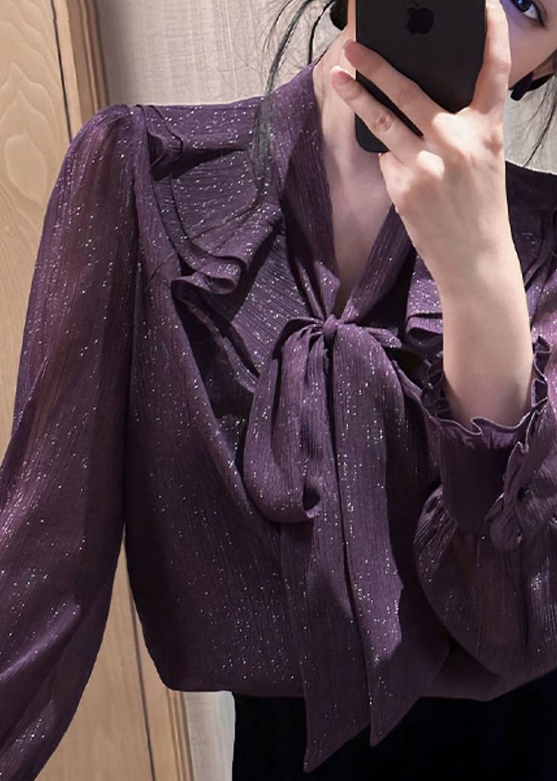 Unique Purple Bow Ruffled Shirt Spring