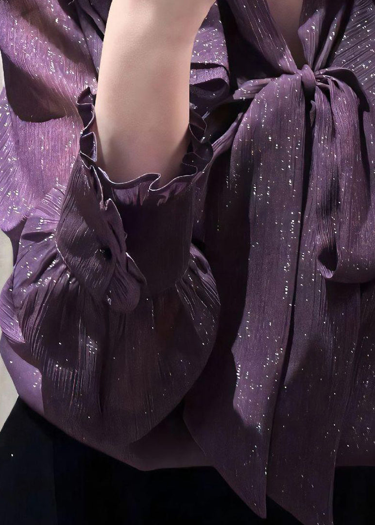 Unique Purple Bow Ruffled Solid Shirt Spring