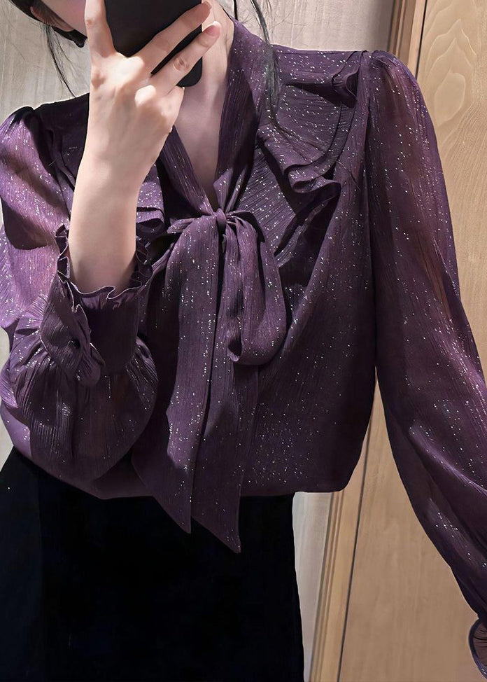Unique Purple Bow Ruffled Solid Shirt Spring