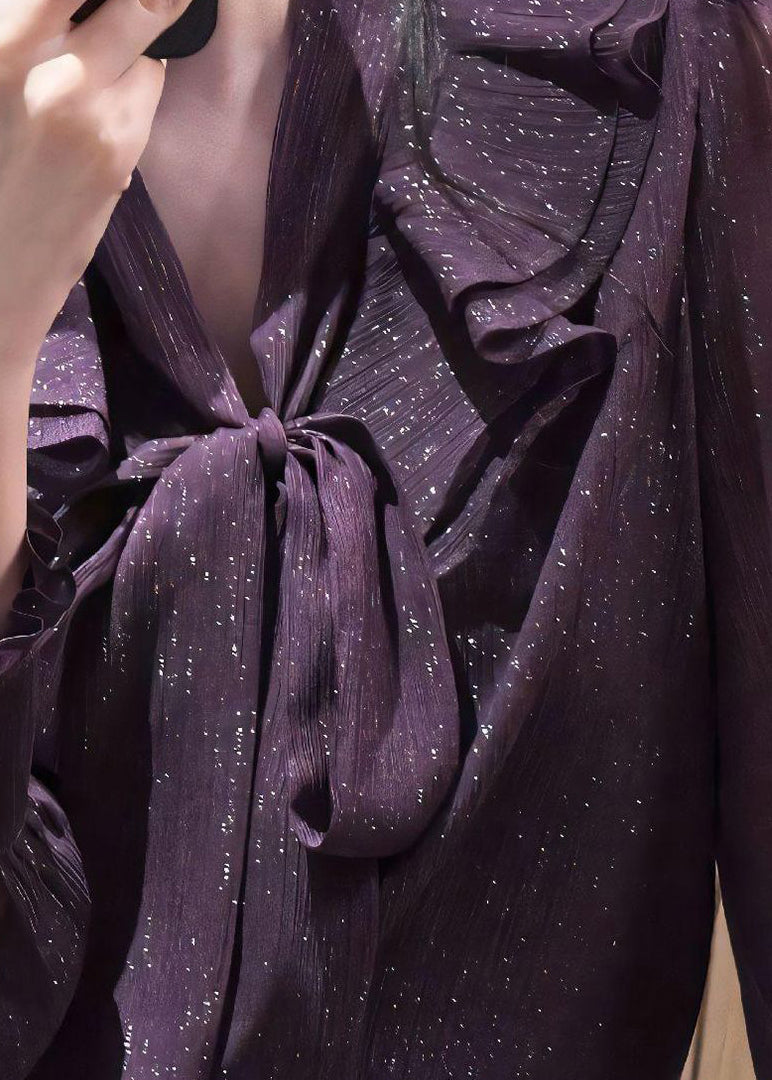 Unique Purple Bow Ruffled Solid Shirt Spring