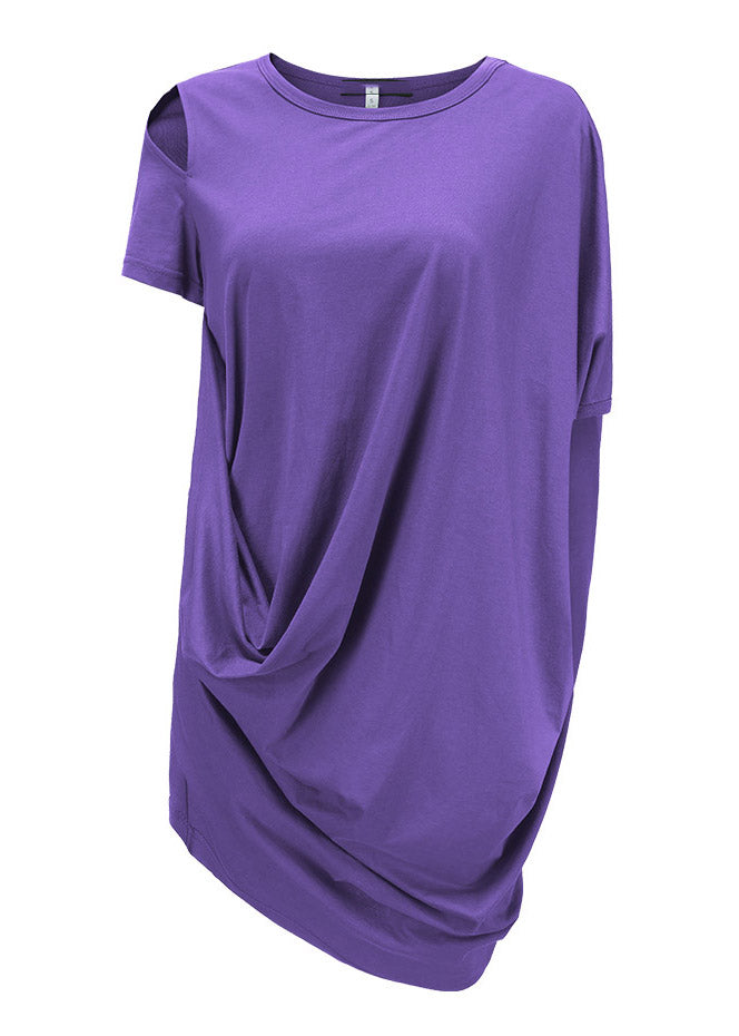 Unique Purple O-neck Asymmetrical Wrinkled Mid Dresses Short Sleeve