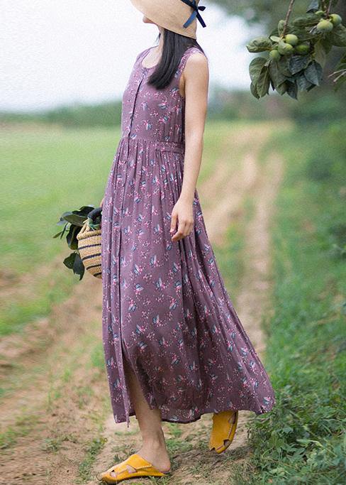 Unique Purple Print Dresses O-neck Button Summer Sleeveless Dress
