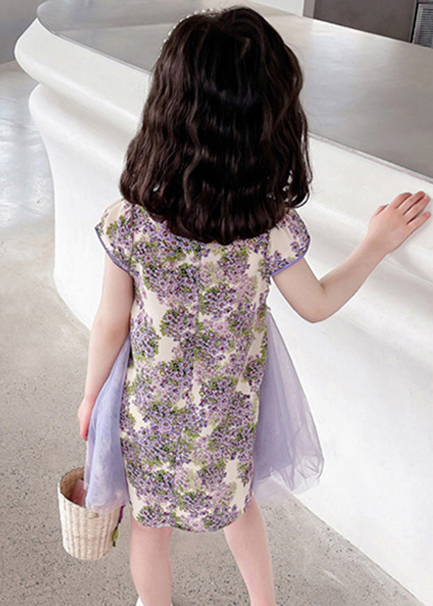 Unique Purple Stand Collar Print Mid Dress Summer