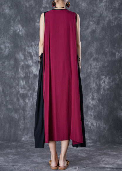 Unique Red Embroideried Patchwork Tasseled Linen Dress Sleeveless