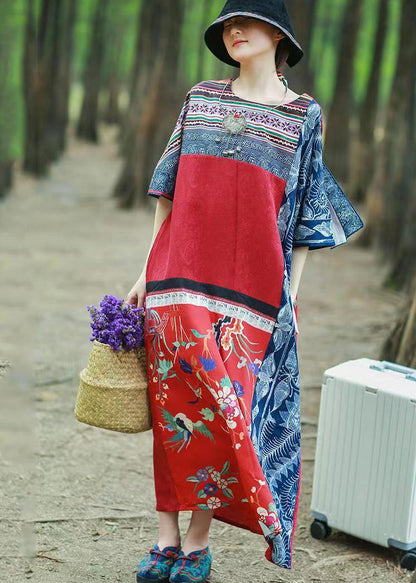 Unique Red Style Patchwork Print Cotton Long Dress Short Sleeve