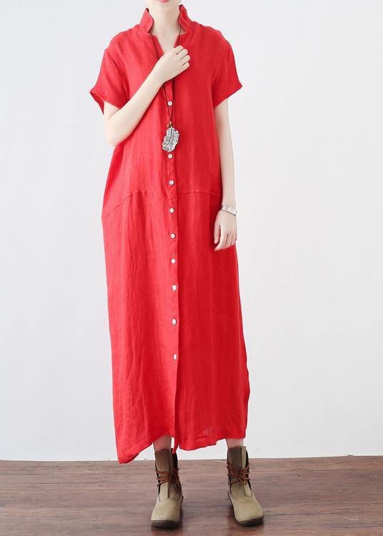 Unique Red Low High Design V Neck Linen Summer Robe