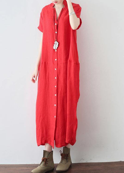 Unique Red Low High Design V Neck Linen Summer Robe