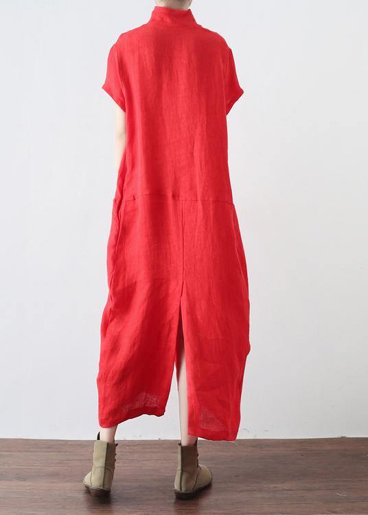 Unique Red Low High Design V Neck Linen Summer Robe