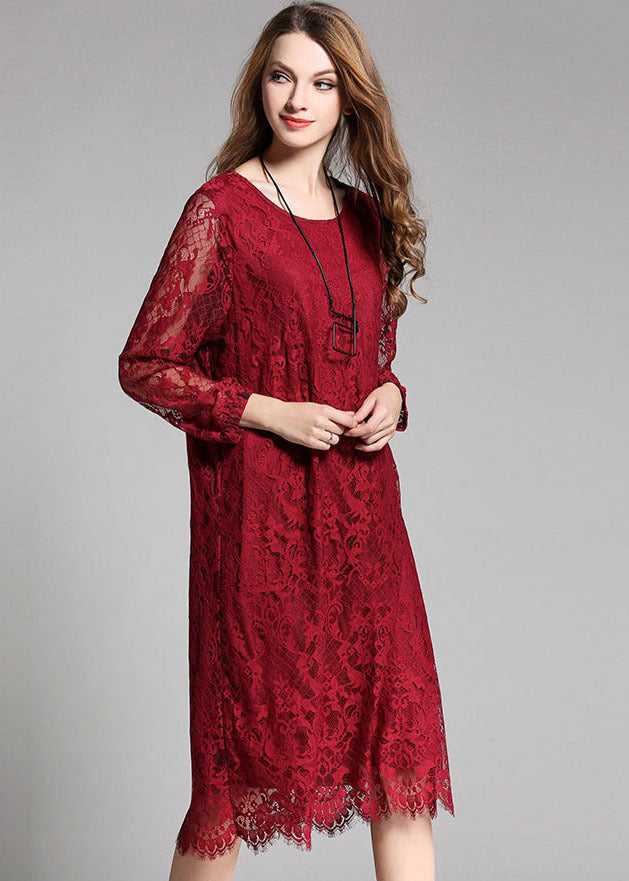 Unique Red O-neck Hollow Out Lace Long Dress Long Sleeve